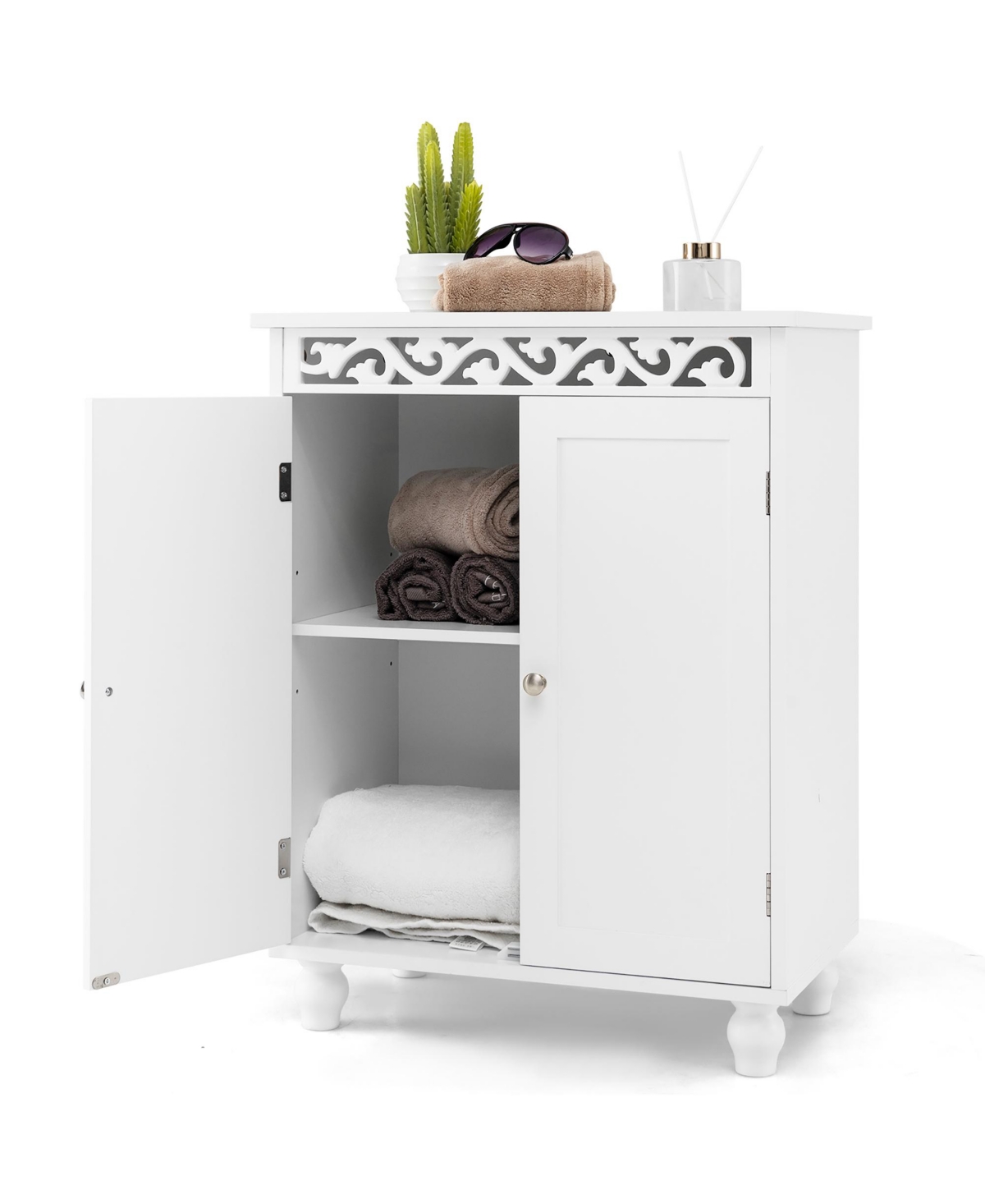 Bathroom Cabinet Floor Storage Organizer w/ Anti-Tipping Kits Adjustable Shelf - White