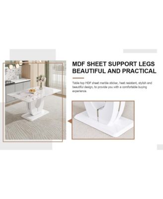 Table and chair set, modern luxurious white imitation marble pattern MDF dining table, rectangular dining table, matched with uniquely shaped PU high backrest seats, Suitable for various occasions.