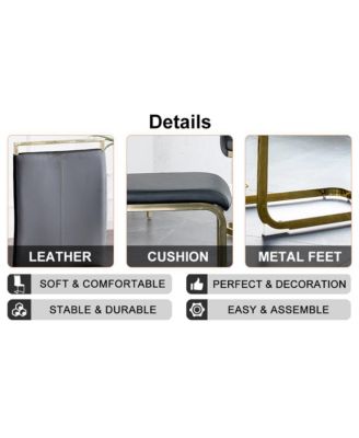 Simplie Fun Table and chair set.Large modern rectangular table with 0.4 inch patterned glass tabletop and large MDF table legs.Comes with 6 chairs with faux leather cushioned seats and golden metal legs