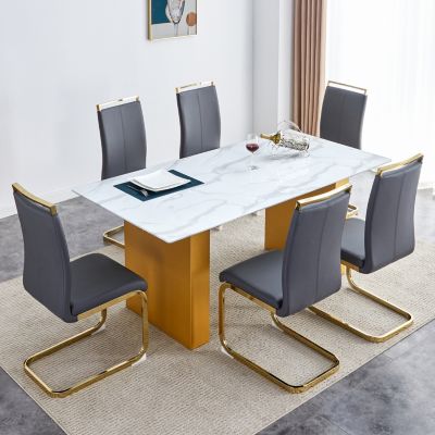 Simplie Fun Table and chair set.Large modern rectangular table with 0.4 inch patterned glass tabletop and large MDF table legs.Comes with 6 chairs with faux leather cushioned seats and golden metal legs