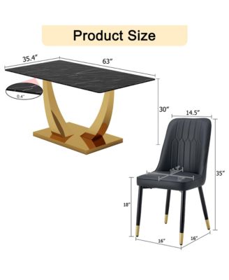 Table and chair set.Modern rectangular dining table with black textured stickers glass tabletop and gold plated metal legs.Paired with 4 comfortable chairs with PU seats and black metal legs.