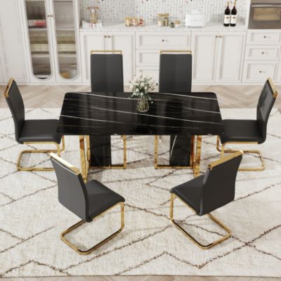 Table and chair set. Modern dining table with MDF top and beautiful MDF legs. Equipped with comfortable PU chairs and metal legs. Suitable for a wide range of decorative styles.
