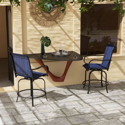 Outdoor Bar Stools with Armrests, Set of 2 360 Swivel Bar Height Patio Chairs with High-Density Mesh Fabric, Steel Frame Dining Chairs for Balcony, Poolside, Backyard, Navy Blue