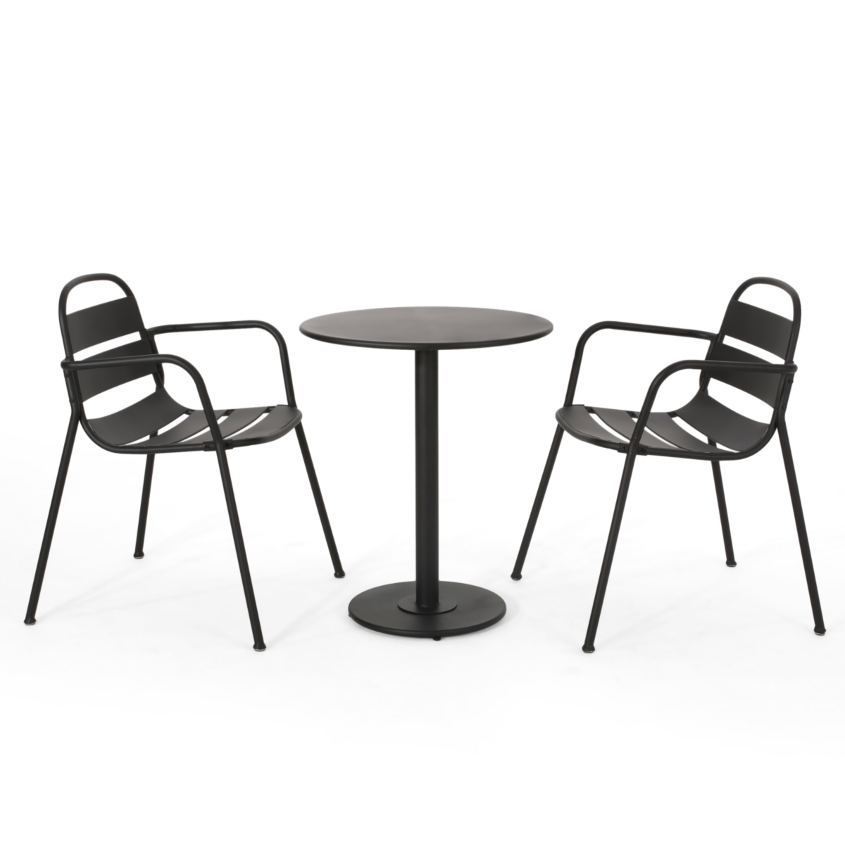 Modern Bistro Set: Curved Frames, Open Slats, Round Table, Matte Finish