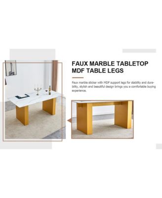 Table and chair set.Large modern rectangular table with 0.4 inch patterned glass tabletop and large MDF table legs.Comes with 8 chairs with faux leather cushioned seats and golden metal legs.