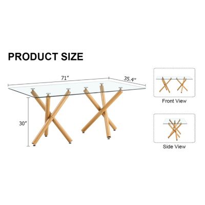 Simplie Fun Large Modern Minimalist Rectangular Glass Dining Table for 6-8 with 0.39" Tempered Glass Tabletop and Wood Color Metal Legs, for Kitchen Dining Living Meeting Room Banquet hall