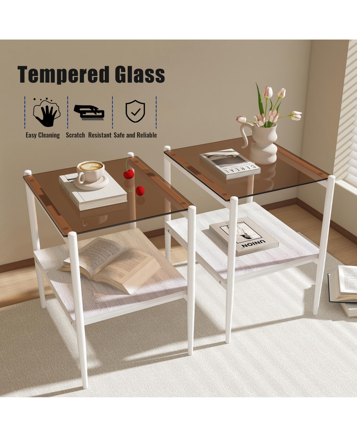 Streamdale Furniture Set of 2 Rectangle End Table, Tempered Glass Tabletop with Mdf layer, Modern Table for Living Room,Glass - Brown
