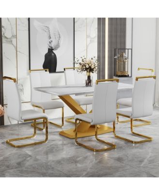 Table and chair set, The table is equipped with a marble patterned MDF tabletop and gold table legs.The chair is equipped with PU synthetic leather high back cushion and gold coated metal legs.