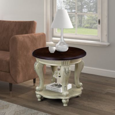 Two Tone Round End Table, Shelf, Beige/Espresso