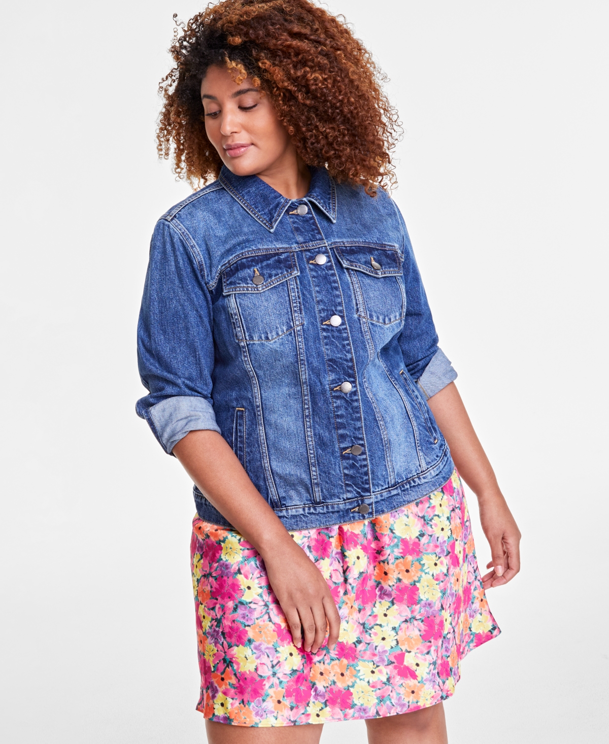 On 34th Trendy Plus Size Classic Denim Trucker Jacket, Created for Macy's