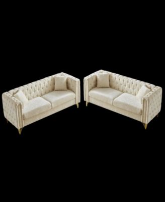 Chenille Pull Buckle Design Sofa for Living Room, Buttons Tufted With Copper Nail Decoration Armrest, Modern Couch Upholstered Button And Metal Legs
