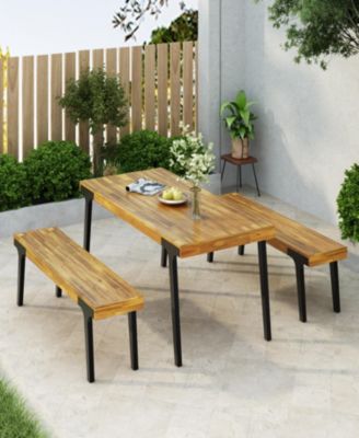  Acacia Outdoor Dining Set Table + 2 Benches