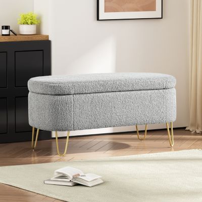 Oval Storage Bench for Living Room Bedroom End of Bed, Upholstered Storage Ottoman Entryway Bench With Metal Legs, Grey