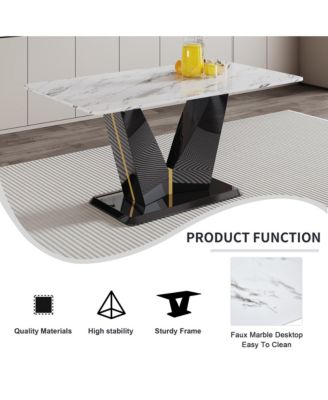 Table and chair set, white imitation marble texture glass tabletop, black MDF table legs, stable and beautiful. Modern simple dining table, comfortable seating.
