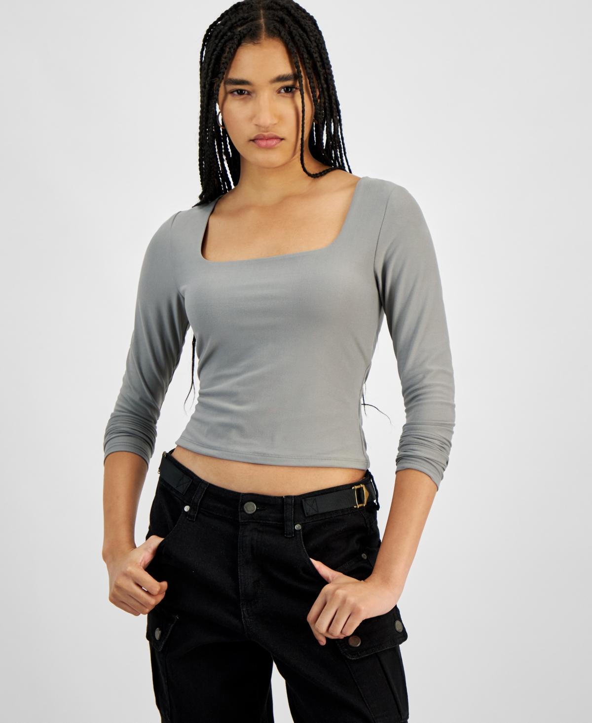 Hippie Rose Juniors' Soft Stretch Double-layer Long-sleeve Top In Grey Hawk