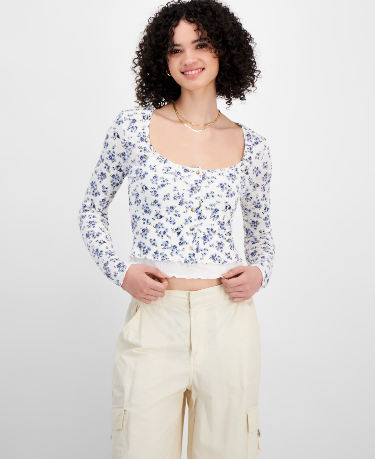 Juniors' Layered-Look Long Sleeve Cardigan - Blue Ditsy