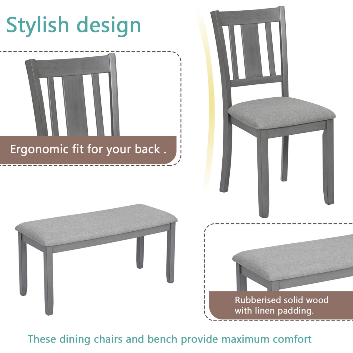 Streamdale Furniture 6 Piece Kitchen Dining Set, Rectangular Wooden Dining Table with 4 Upholstered Chairs and a Bench, Dining Table Set for 6 People,