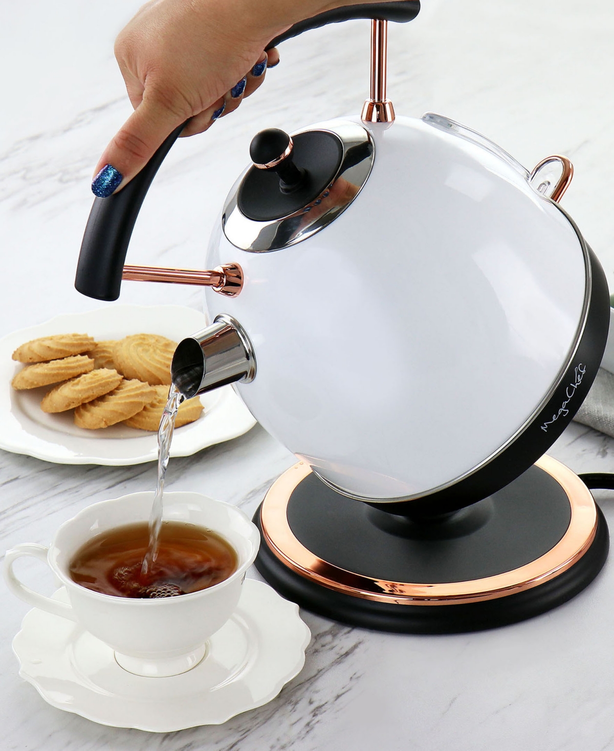 Megachef 1.8l White Half Circle Electric Tea Kettle With Th In White