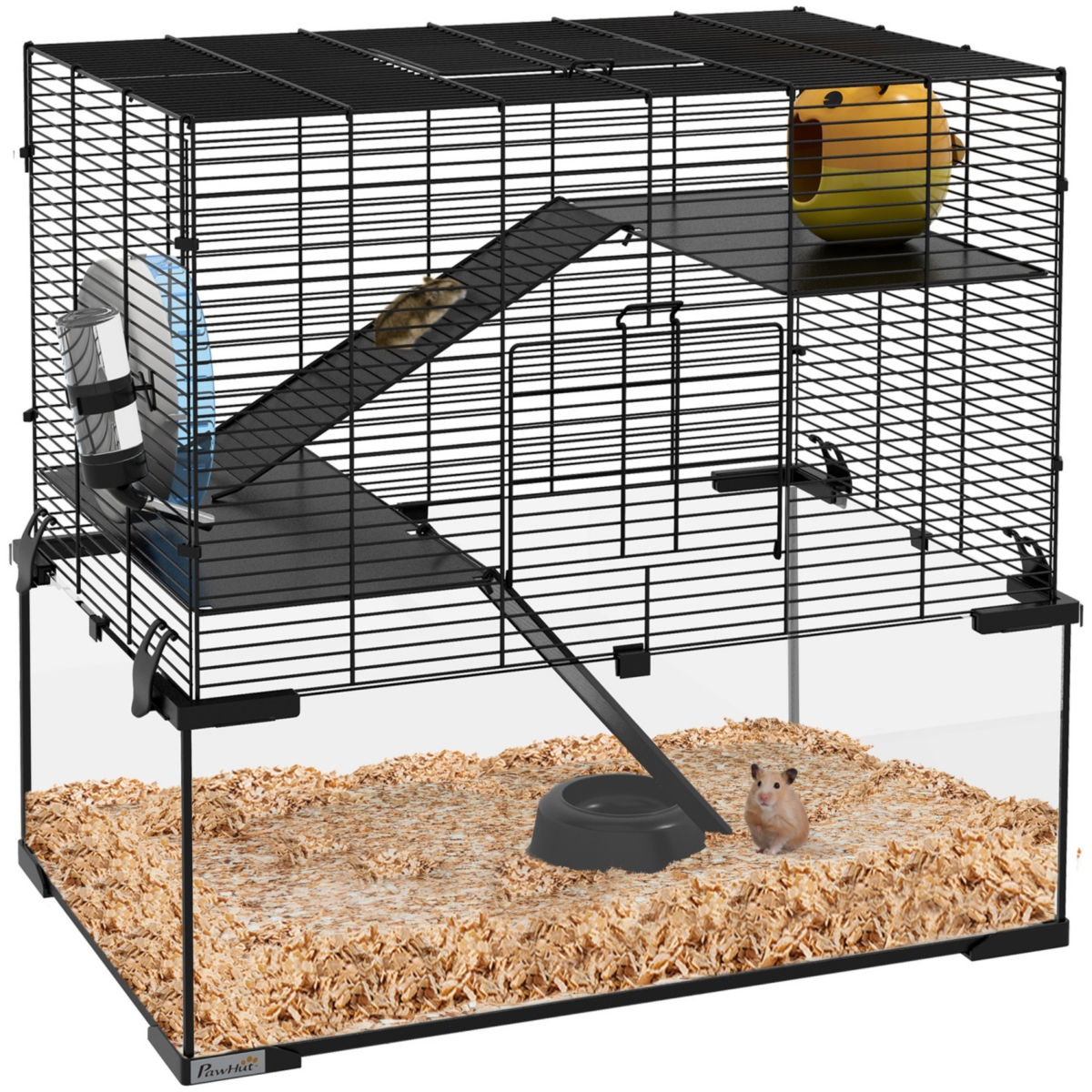 Hamster Cage, 23.5&#x22; Gerbil Cage with Glass Basin, Ramps, Platforms, Hut, Exercise Wheel, for Small Hamsters, Black - Black