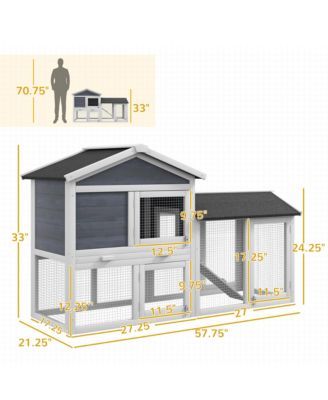 58" Rabbit Hutch, Wooden Bunny Hutch, Guinea Pig Cage, Small Animal Enclosure with Run Area, Removable Tray, Asphalt Roof, Lockable Doors and Ramp, Gray