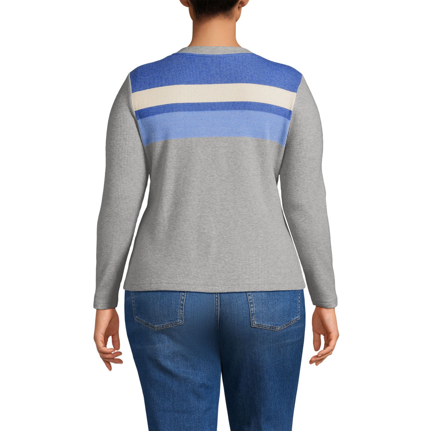 Женский топ Lands' End Plus Size Long Sleeve Cozy Rib Henley, цвет: Прозрачный синий полосатый — фото 2