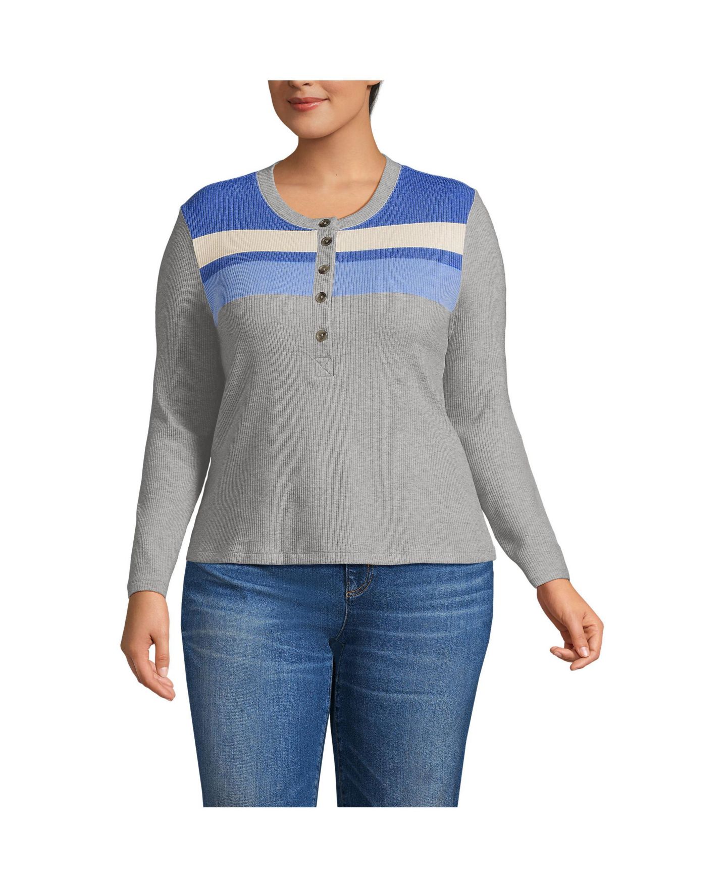 Женский топ Lands' End Plus Size Long Sleeve Cozy Rib Henley, цвет: Прозрачный синий полосатый — фото 1