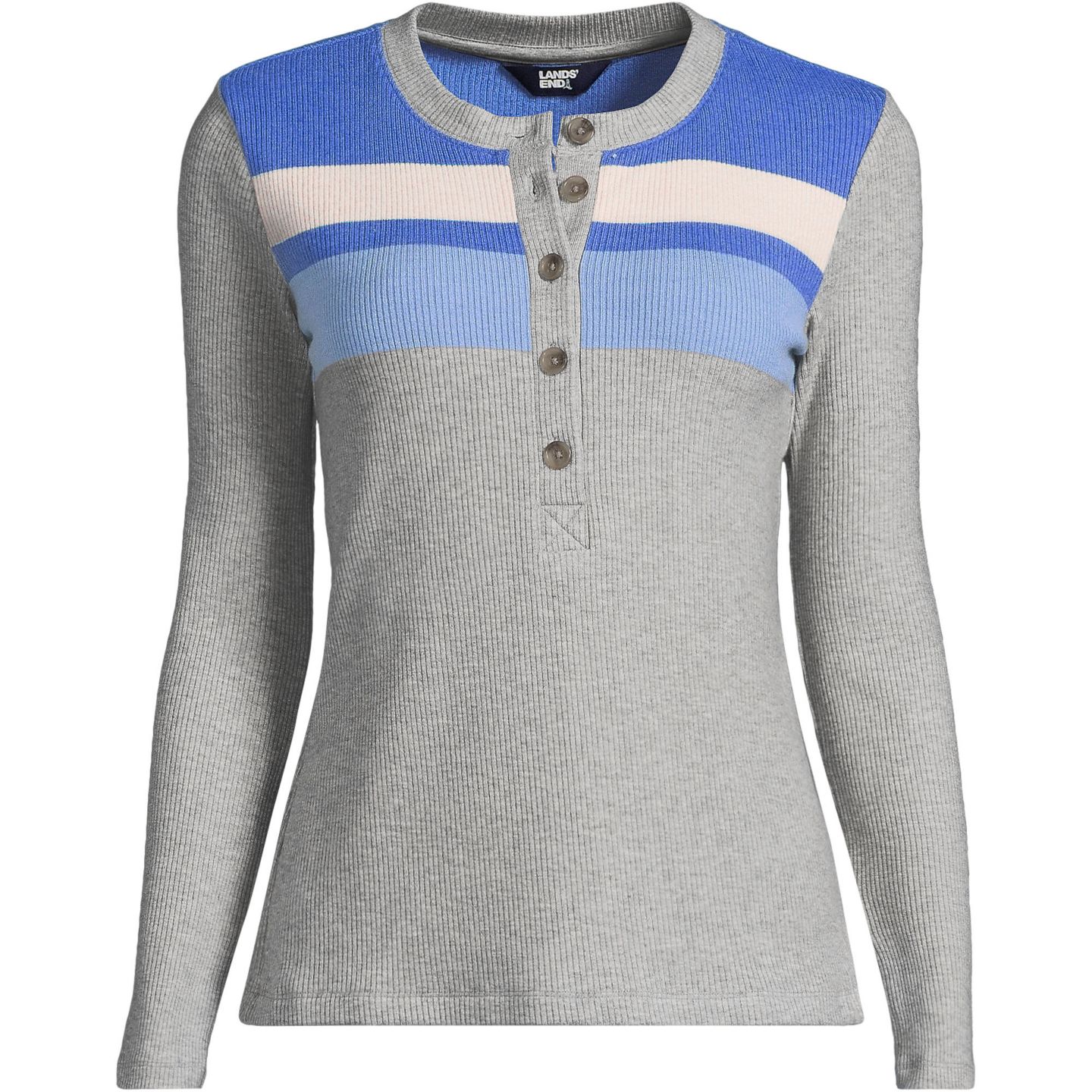 Женский топ Lands' End Plus Size Long Sleeve Cozy Rib Henley, цвет: Прозрачный синий полосатый — фото 3