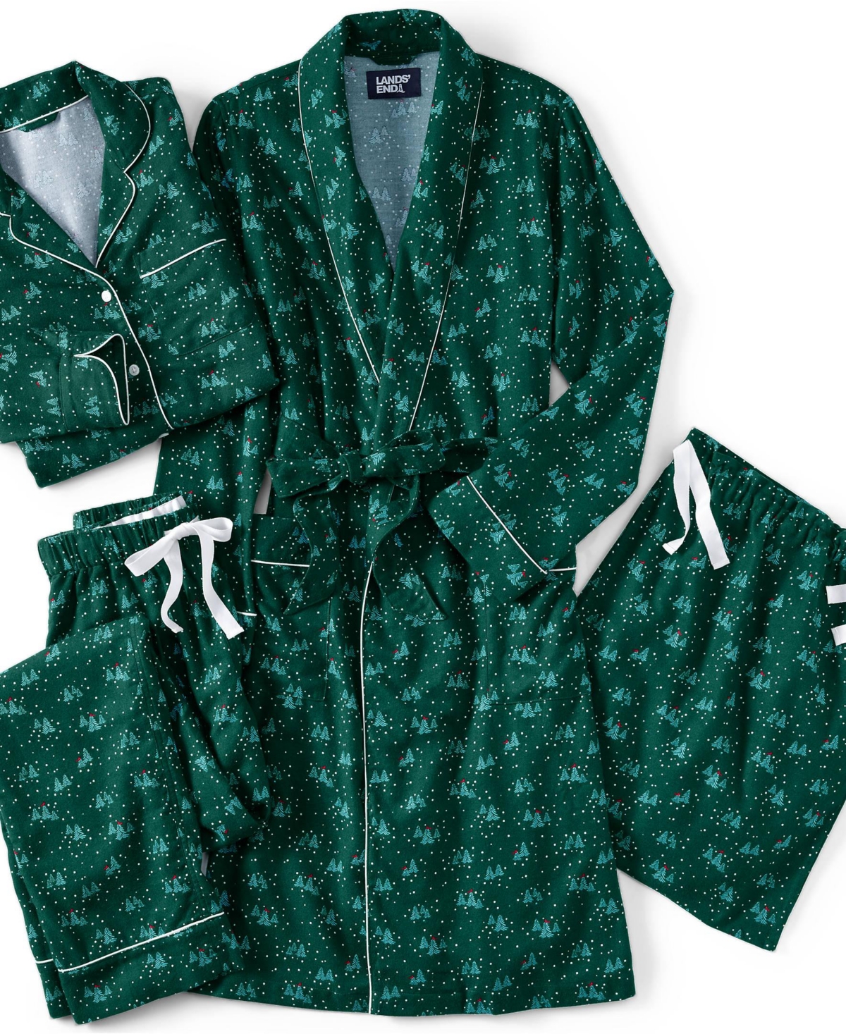 Lands' End Women's Drapey Flannel 4 Piece Pajama Set - Long Sleeve Top and Pants Robe Bag