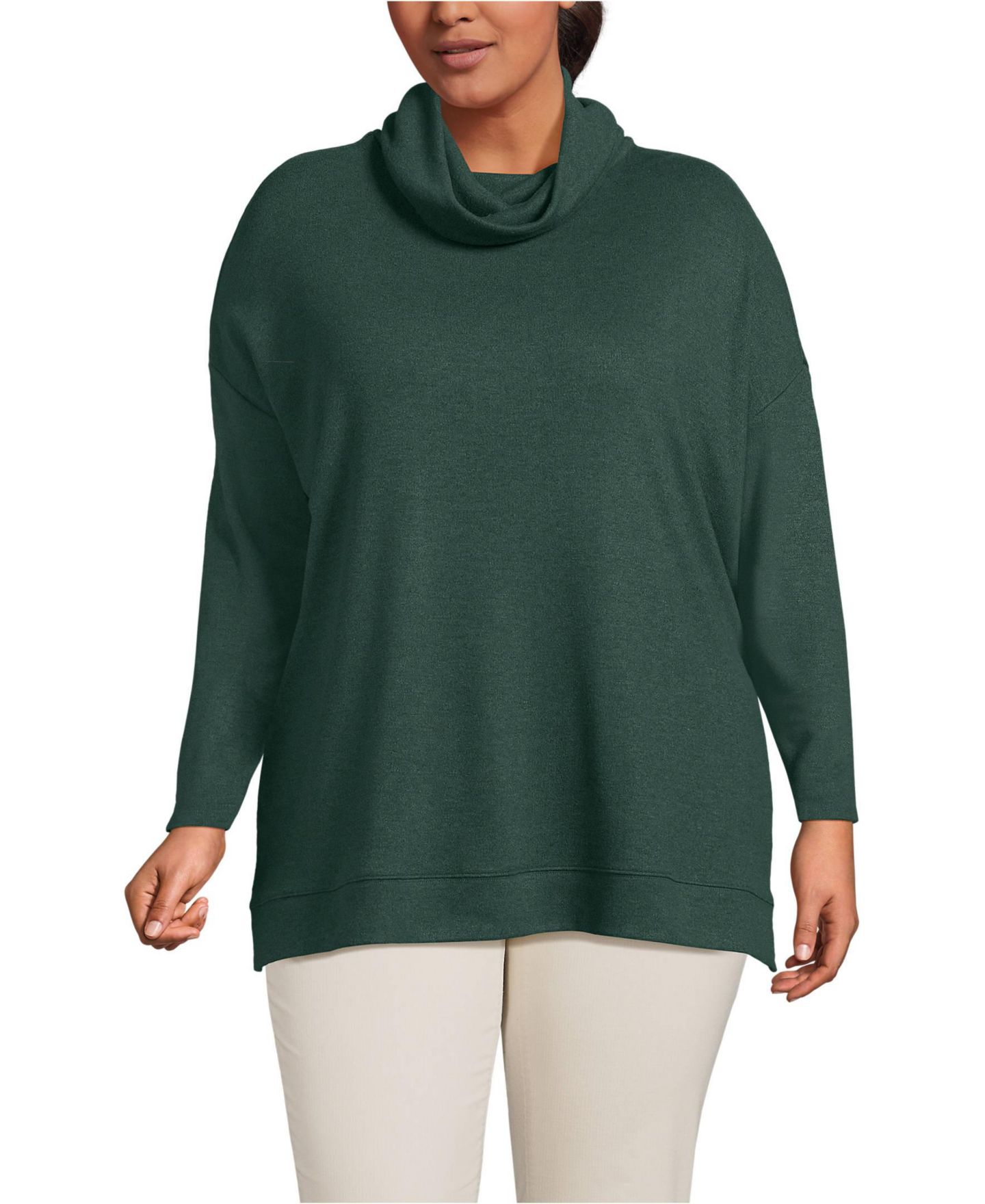 Женский топ Lands' End Plus Size Long Sleeve Cozy Knit Cowl Neck Tunic, цвет: Тёмно-зелёный меланжевый — фото 1