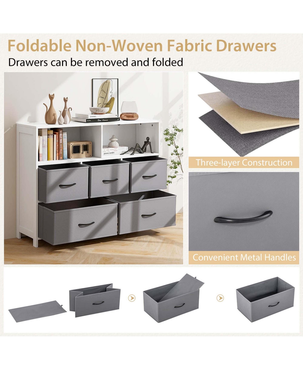 Costway 5-Drawer Dresser for Bedroom Chest of Drawers with 2 Large Fabric Bins