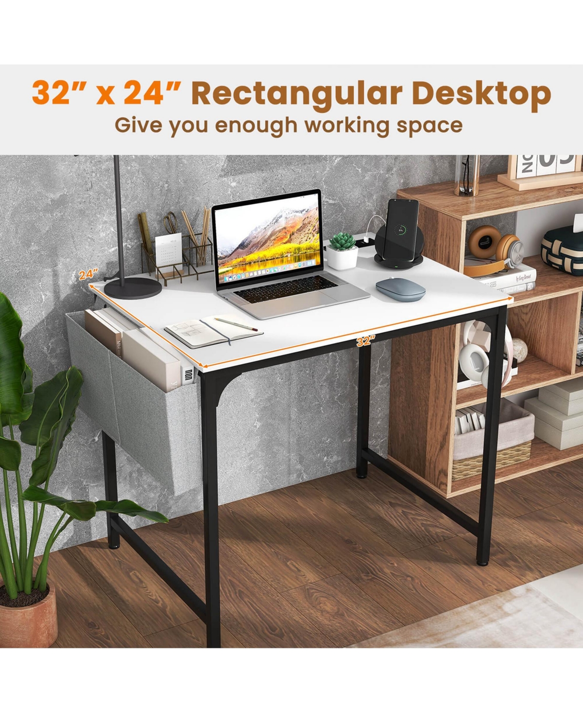 Costway 32" Meeting Room Desk Set of with Charging Station & Headphone Hook Metal Frame