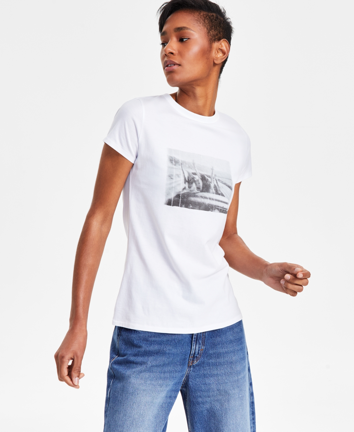 Women's Cotton Crewneck Graphic-Print Tee - White