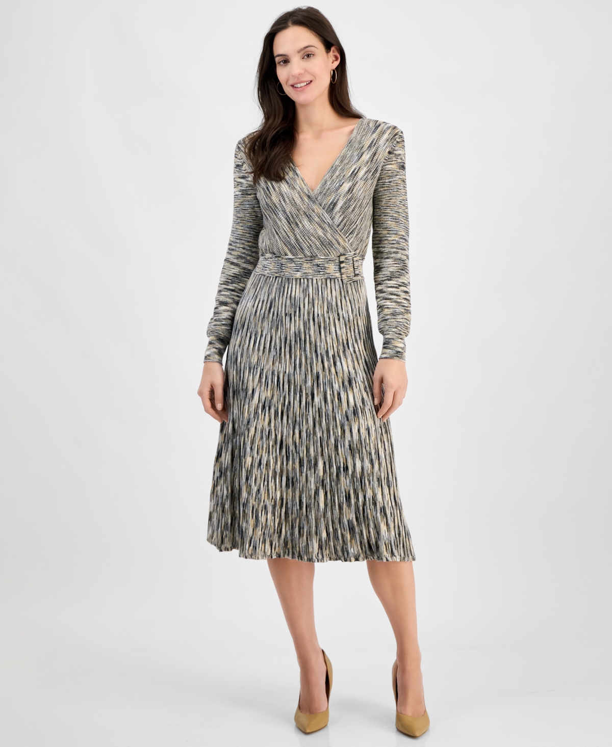 Women's Long-Sleeve Knit Belted Dress - Tan Multi