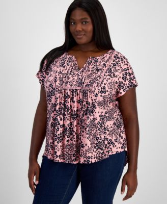 Tommy Hilfiger - Plus Size Floral-Print Pintuck Split-Neck Top
