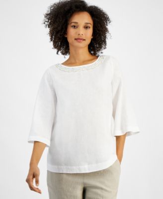 Charter Club - Women's Linen Woven Flounce-Sleeve Top