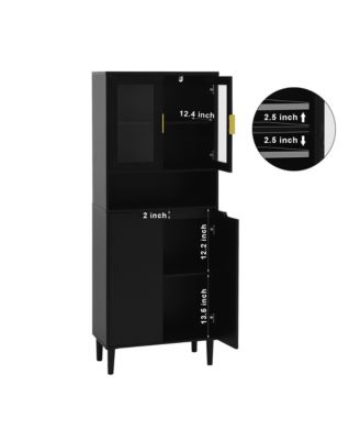 Tall Storage Show Cabinet with 2 Glass Display Door & 2 Doors, Tall Kitchen Pantry Cabinet with Gold Handles, Modern Cabinet Freestanding for Bathroom, Dining Living Room, Black