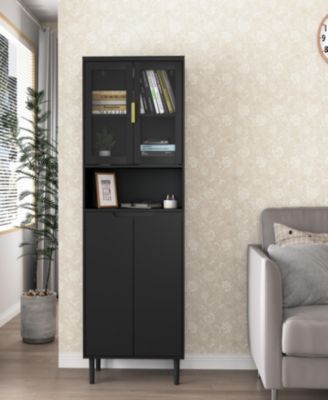 Tall Storage Show Cabinet with 2 Glass Display Door & 2 Doors, Tall Kitchen Pantry Cabinet with Gold Handles, Modern Cabinet Freestanding for Bathroom, Dining Living Room, Black