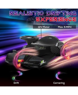 12V Electric Go Kart, 5 MPH Drifting Car, Battery Powered Ride on Toy Outdoor with Slow Start, Music, Colorful Lights, for 8-12 Years Old, Black