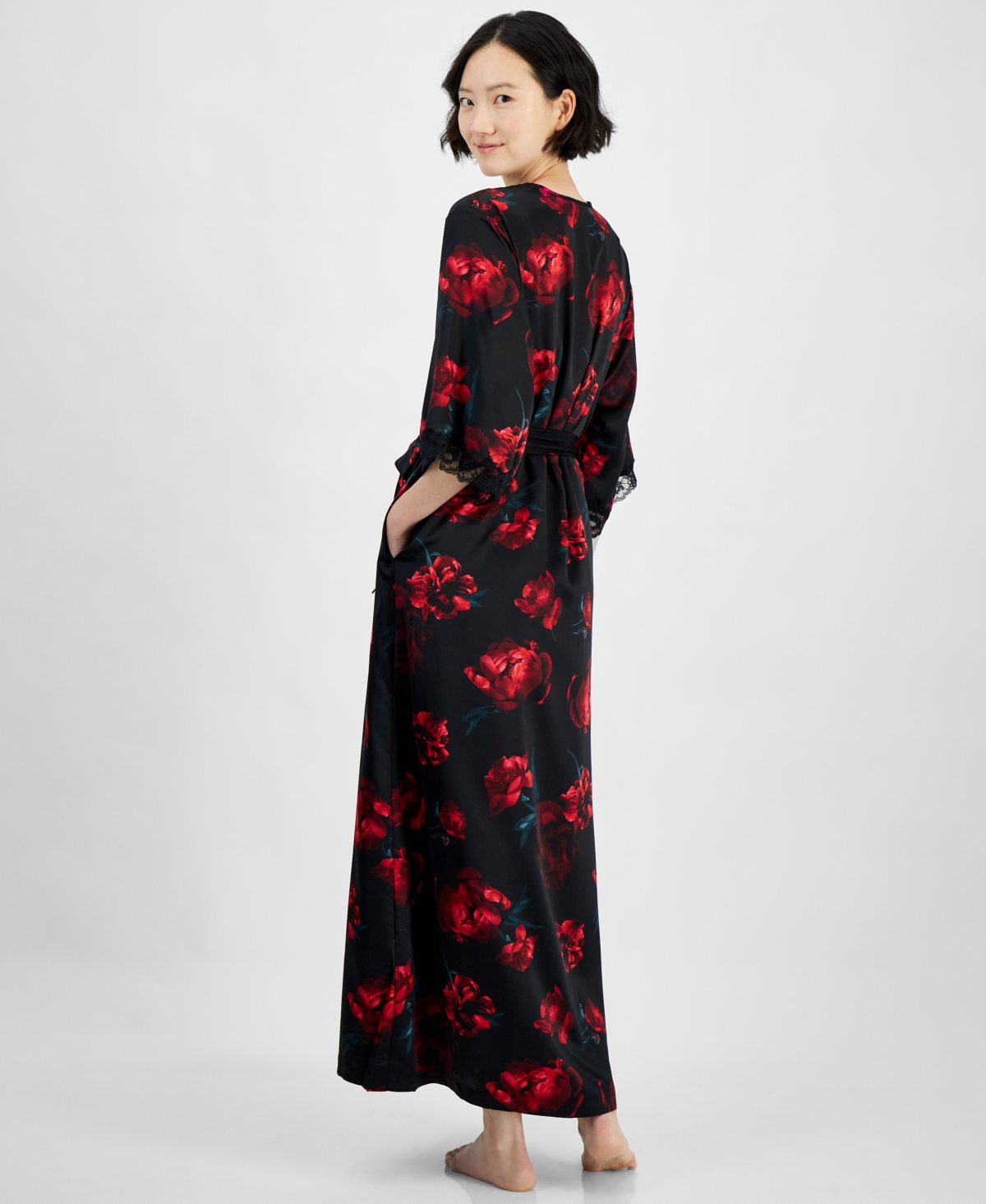 I.n.c. International Concepts Women's Lace-Trim SatRobe, Created for Macy's - Peony