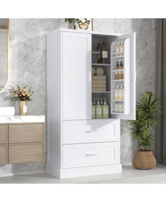 Simplie Fun Tall Bathroom Storage Cabinet, Cabinet with Two Doors and Drawers, Adjustable Shelf, MDF Board, White