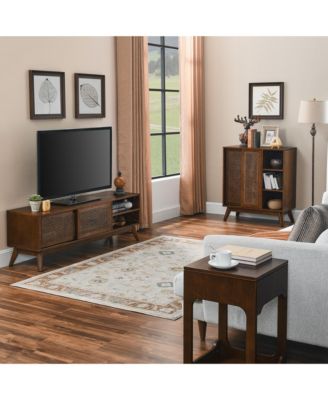 31.5" Mid-Century MDF & Rattan Adjustable Shelves, Charging Outlet, Solid Wood Legs Dark Wood Sideboard Cabinet