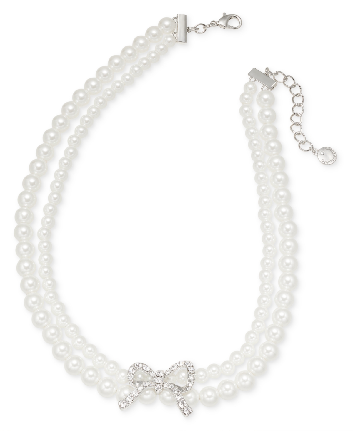 Silver-Tone Pave Bow & Imitation Pearl Layered Necklace, 16" + 2" extender, Created for Macy's - White