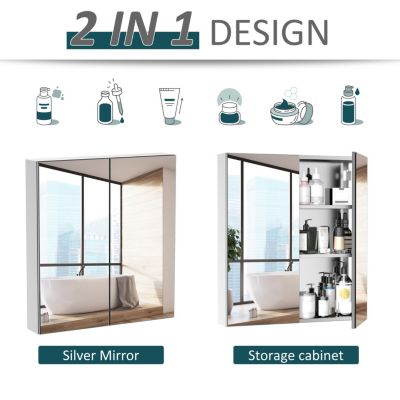 Bathroom Mirrored Cabinet, 24"x26" Stainless Steel Frame Medicine Cabinet, Wall-Mounted Storage Organizer with Double Doors, Silver