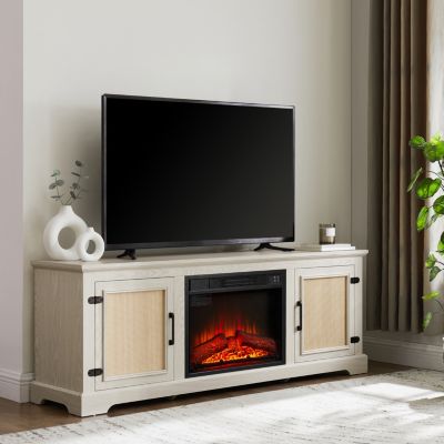 Farmhouse Rattan TV Stand with Electric Fireplace, 65"W