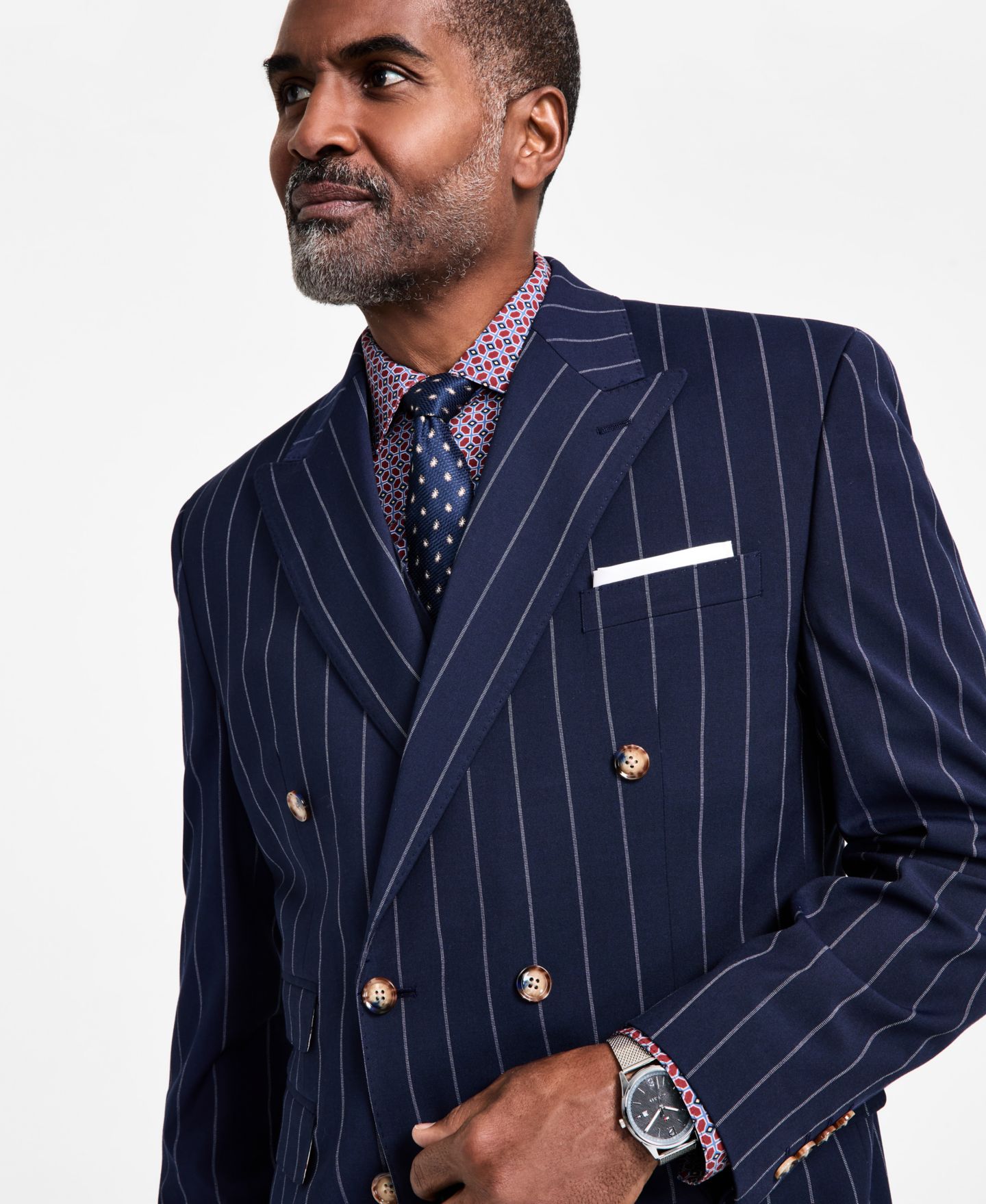 Мужской пиджак Tayion Collection Pinstriped Double-Breasted Suit, цвет: Синий — фото 3