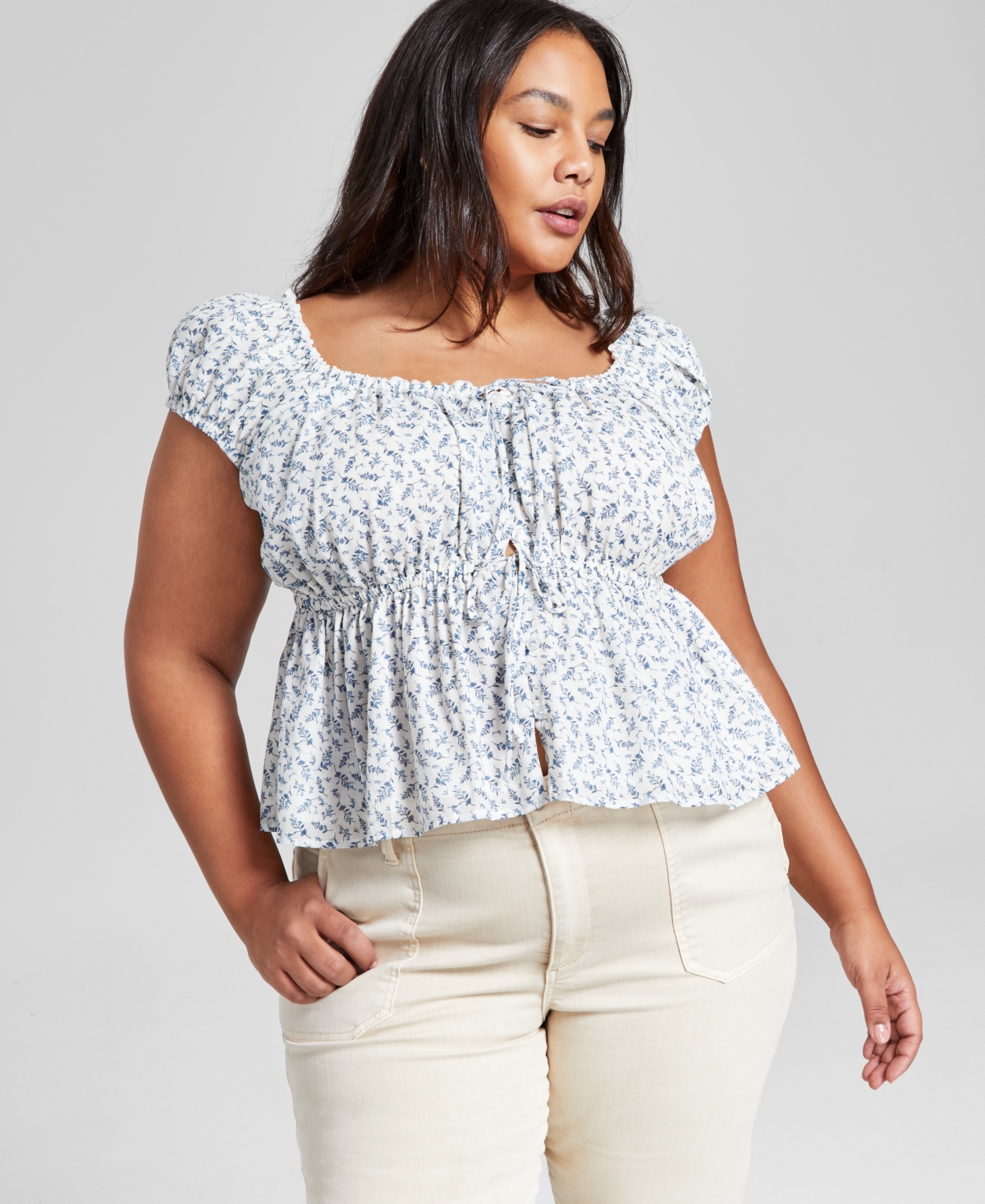 And Now This Plus Size Printed Tie-front Blouse, Created For Macy's In Cream Floral