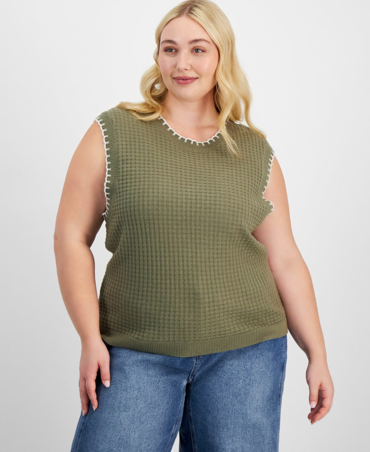 Trendy Plus Size Whip-Stitch Sweater Vest, Exclusively at Macy's - Olive