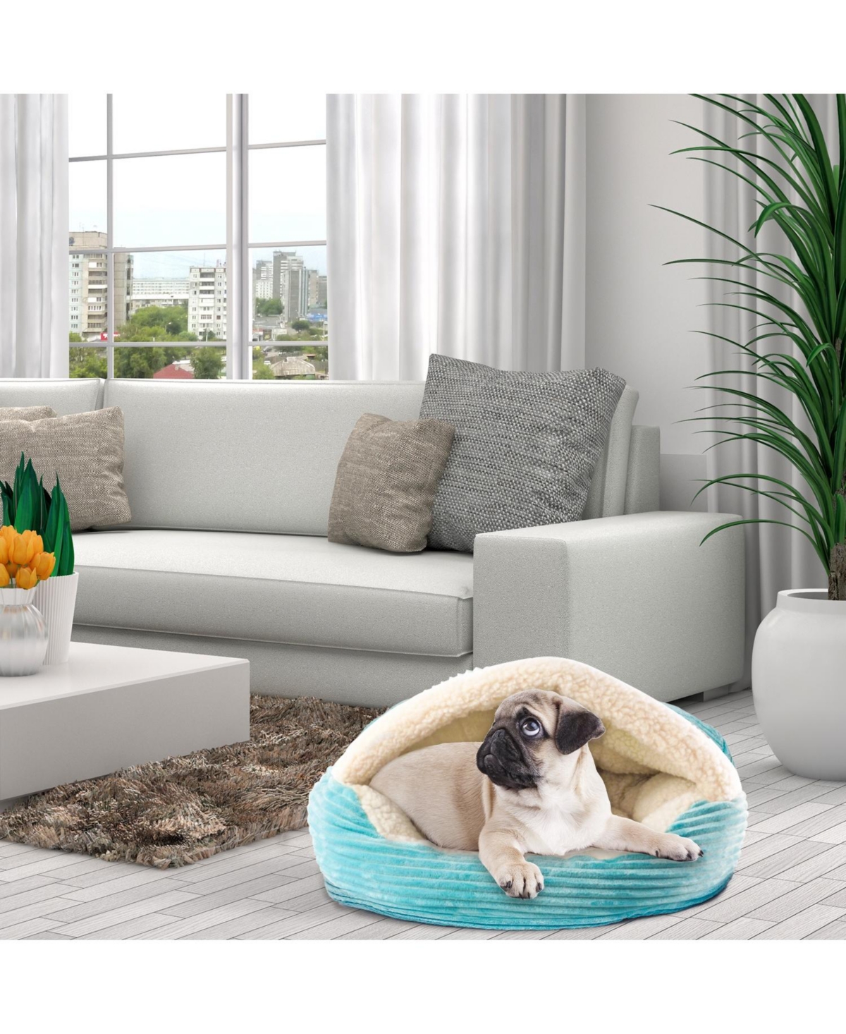 Details Cozy Pet Bed Cave, Hooded Dog Bed Dome for Small Dogs, Washable Pouched Beds in Corduroy and Sherpa Lined