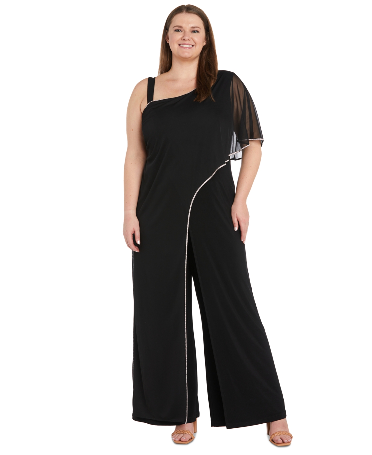 Plus Size Asymmetric-Neck Overlay Jumpsuit - Black