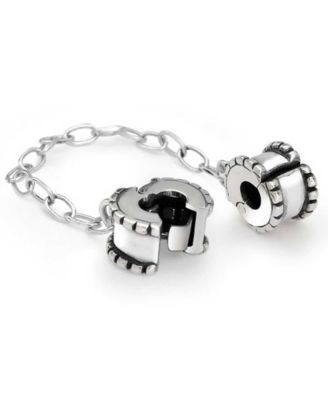 Beaded Edge Handcuff Double Safety Chain Spacer Stopper Daisy Flower Charm Bead .925 Sterling Silver Fits European Bracelet